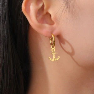 Polished gold stainless steel anchor earrings for women with nautical drop pendant