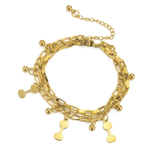 Double-layered gold stainless steel bracelet with dumbbell pendants and metal beads