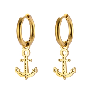Golden titanium steel anchor pendant hoop earrings with detailed nautical texture design