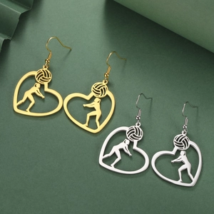 Sporty heart-shaped volleyball player silhouette earrings in gold and silver stainless steel