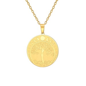 Collar dorado con colgante de Árbol de la Vida Diosa y fases lunares grabadas