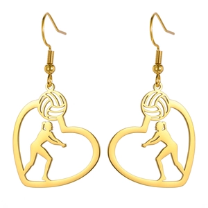 Golden stainless steel heart earrings featuring a female volleyball player silhouette