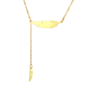 Elegant 18K gold-plated stainless steel Y-necklace featuring delicate feather pendants