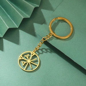 Stainless Steel Keychain Round Hollow Pendant Geometric Cuneiform Pattern Key Ring Fashion Jewelry Gift For Men Women