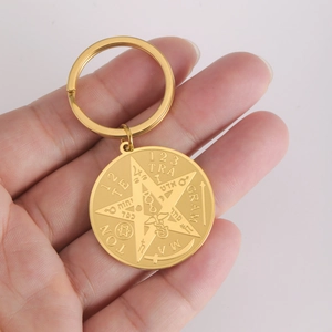 Gold stainless steel pentagram keychain featuring engraved Tetragrammaton coin pendant