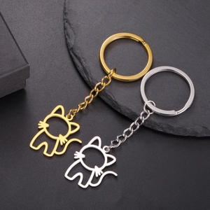 Porte-clés Chat Dessin Animé en Acier Inoxydable Pendentif Animal Ajouré Anneau de Clés Minimaliste Personnalisé pour Femme