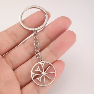 Polished stainless steel keychain featuring a circular openwork geometric charm with chain