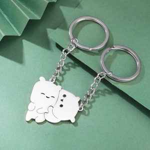 Polished stainless steel interlocking bear pendants keychain set for couples and friends
