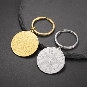 Stainless Steel Pentagram Keychain Pendant Tetragrammaton Religious Occult Coin Shape Keyring Jewelry Accessory For Men Women