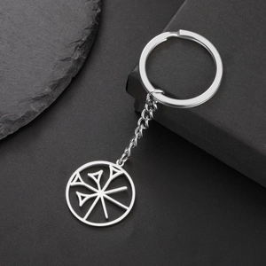 Detailed view of stainless steel keychain with Sumerian cuneiform pendant and gift box