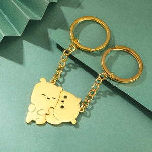 Polished gold stainless steel interlocking bear pendants keychain set with chain links