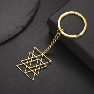 Golden stainless steel Merkaba geometric keychain with tiered triangle star pendant