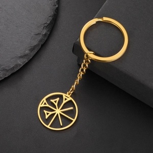 Macro detail of gold-tone stainless steel keychain with circular geometric wedge pendant