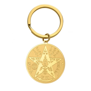 Golden stainless steel pentagram keychain with Tetragrammaton engraving and mystical symbols