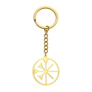 Golden stainless steel keychain featuring a round geometric pendant and link chain detail