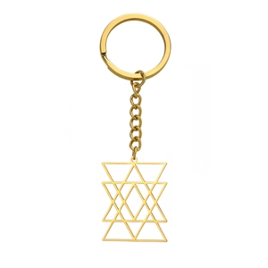 Golden titanium steel keychain with geometric hollowed hexagram pendant on white background