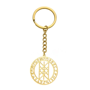 Llavero vikingo de acero inoxidable dorado con colgante redondo de runas grabado