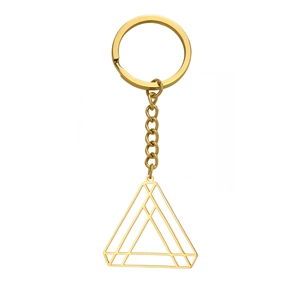Polished gold stainless steel keychain with hollow geometric triangle pendant and chain