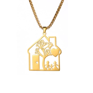 Collar dorado con colgante de árbol familiar y silueta de casa para padres e hijos