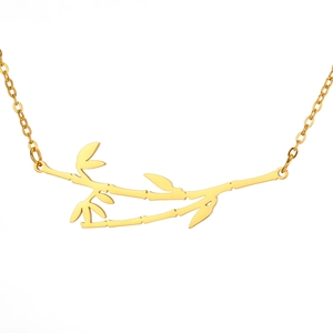 Polished gold-plated stainless steel necklace with realistic bamboo branch pendant
