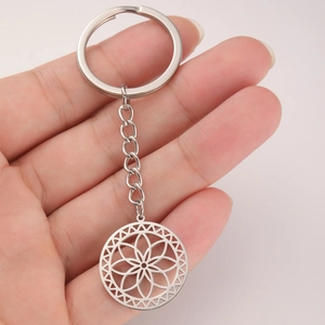 Minimalist stainless steel keychain featuring a hollow round geometric floral pendant
