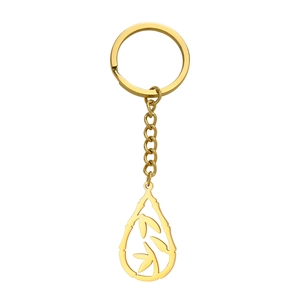 Golden stainless steel water drop keychain with hollow bamboo leaf pendant design