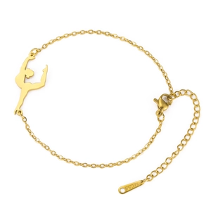 Adjustable stainless steel chain bracelet with a gold ballet dancer pendant and lobster clasp