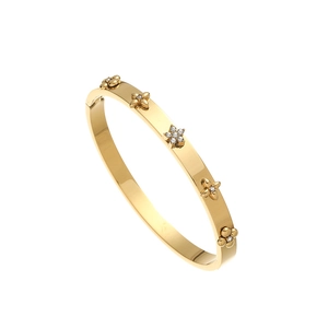 Bracelet en acier titane doré poli avec motifs de fleurs, d'étoiles et cristaux