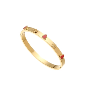 18K gold plated stainless steel bangle with red enamel wulu and flower charms