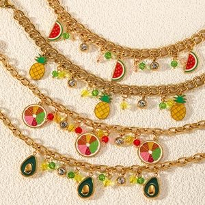 Summer Fruit Charm Bracelet Stainless Steel Gold Plated Enamel Watermelon Avocado Pineapple Lemon Pendant Beads Jewelry For Women