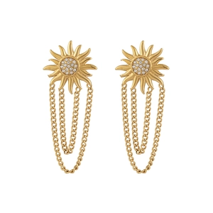 Golden sunburst drop earrings with sparkling crystals and elegant three-layer fringe chains