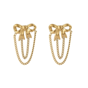 Elegant gold bow earrings with cascading double chain tassels and vintage hammered texture