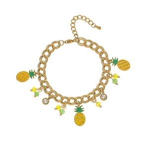 Gold pineapple pendant charm bracelet with colorful crystal beads and adjustable link chain