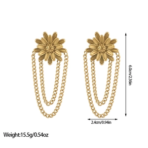 Golden daisy flower drop earrings with layered U-shaped fringe chains and size labels
