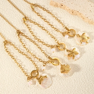 Ocean Style Stainless Steel Bracelet Gold Plated Shell Starfish Dolphin Turtle Tropical Fish Artificial Pearl Charms For Women Beach Vacation Jewelry