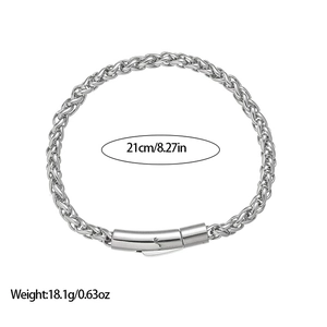 Détails d'un bracelet en acier argenté de 21cm avec spécifications de taille et de poids
