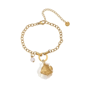 18K gold plated stainless steel bracelet with sea shell fish and pearl charms