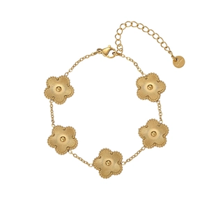 Minimalist gold stainless steel necklace featuring five textured clover flower charms