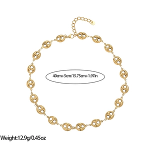 Close-up of golden 40cm+5cm coffee bean link necklace with lobster clasp and weight specs