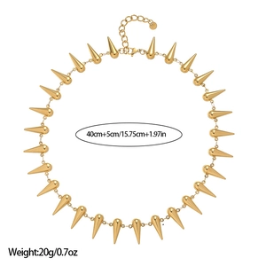 Punk 18k gold plated stainless steel necklace with conical metal spikes and lobster clasp
