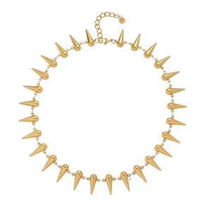 Detailed view of adjustable lobster clasp and 18k gold plated spikes on the punk necklace