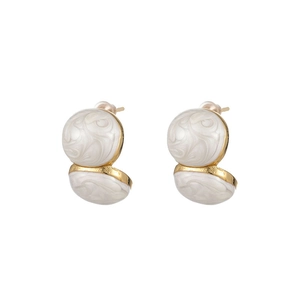 Fashionable gold-plated stainless steel earrings with white marble enamel finish
