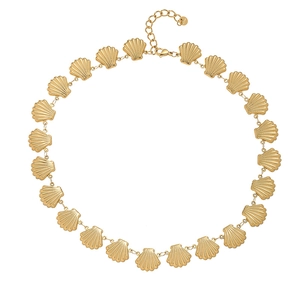 Detail of gold-plated stainless steel shell-shaped necklace with adjustable clasp and tag