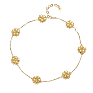Detailed macro view of 18k gold plated stainless steel necklace with 3D floral charms