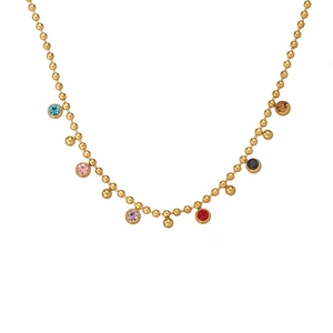 18k gold plated beaded chain necklace with multi-colored round crystal charms
