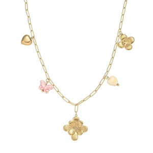 Collana d'oro in acciaio con ciondoli a fiore di conchiglia rosa, cuori e farfalla