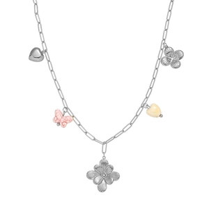 Collana alla moda in acciaio inossidabile con pendenti a fiore, farfalla e cuore argento