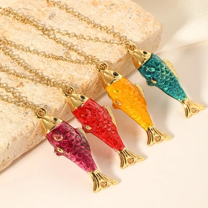 Collar con Colgante de Pez de Acero Inoxidable para Mujer Hombre Joyería de Animales Marinos de Esmalte Cadena en O de Oro