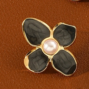Gold stainless steel four-leaf flower earrings with black enamel and pink pearl inlay