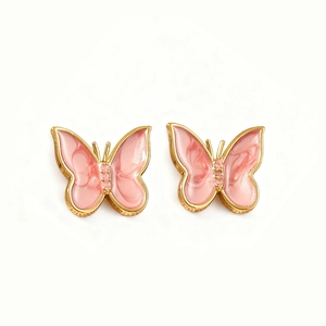 18k gold plated enamel butterfly stud earrings with pink marble texture for women